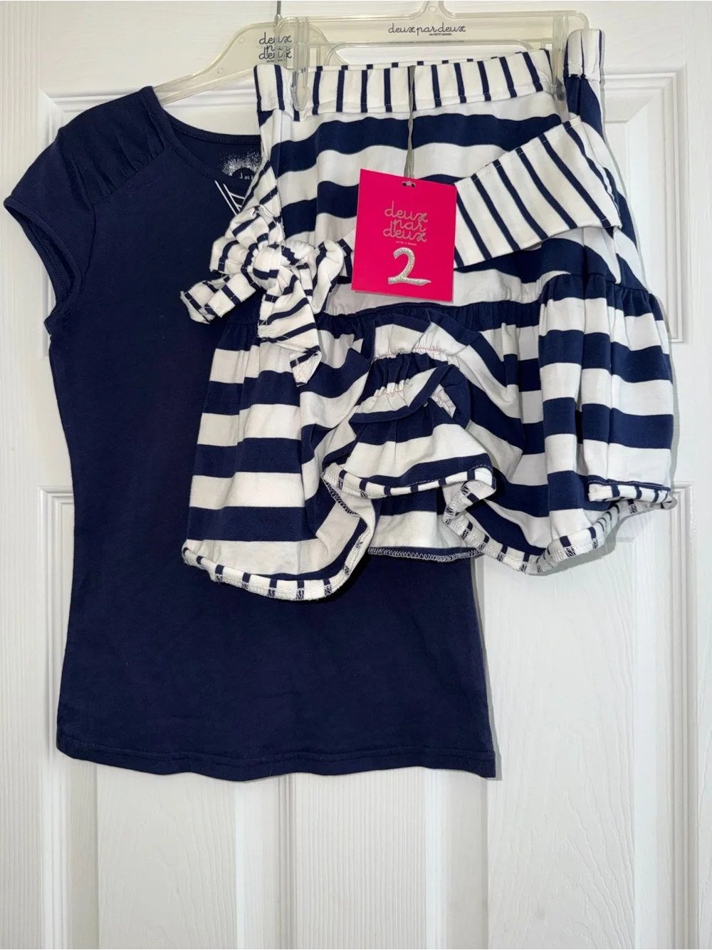 deux par deux Navy Top with Navy & White Striped Skirt Set